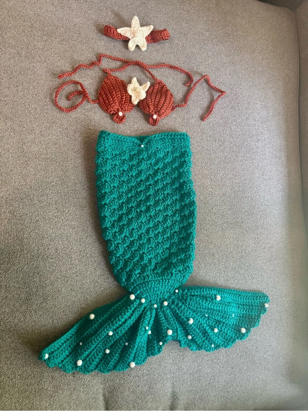 Handmade Teal Mermaid Tail Set with Rust Bikini and Cream Star Accent